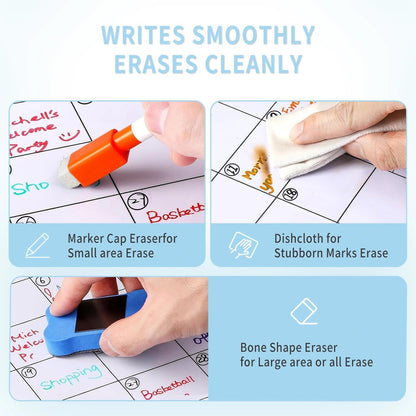Hivillexun 16.5"x12" Clear Acrylic Magnetic Dry Erase Calendar Board with Monthly & Weekly Planner, 6 Markers & Large Eraser for Fridge, Office, Home (White)