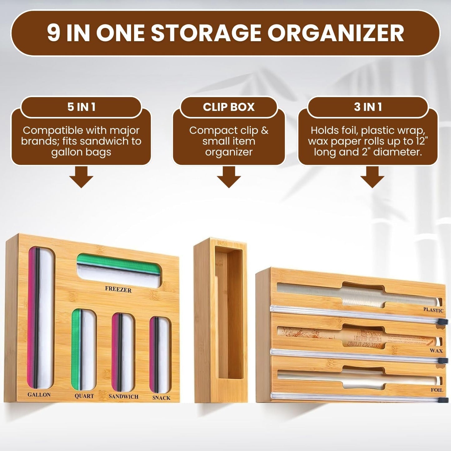 9-in-1 Bamboo Kitchen Drawer Organizer - Storage Bag Holder with Built-In Foil & Wrap Cutter Dispenser - Wooden Food Storage Bag Organizer for Gallon, Quart, Sandwich and Snack Sizes