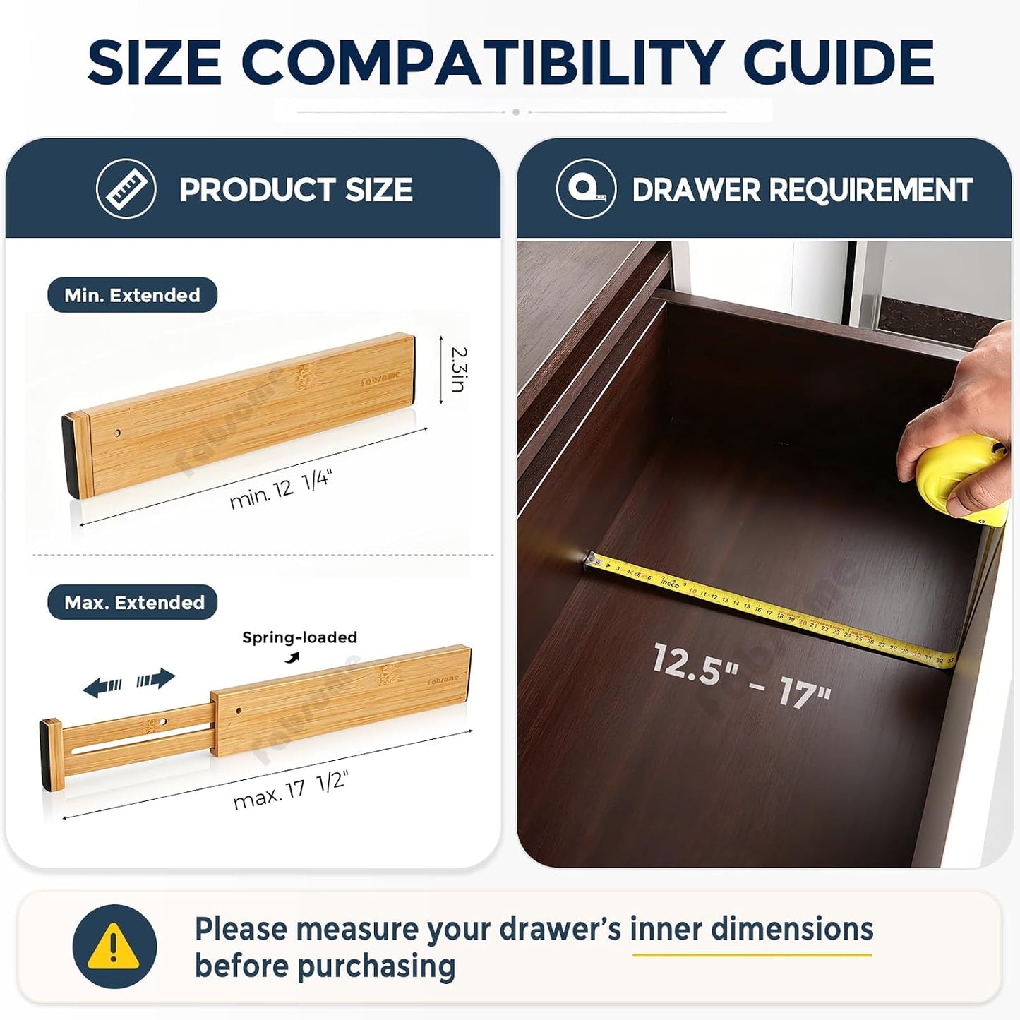 Fabsome Drawer Divider 6 Pack, Bamboo Dresser Organizers for Clothes Socks Underwear Baby Clothing, Wooden Separators for Nursery Organization Adjustable from 12.5'' to 17'' with Soft Foam Ends
