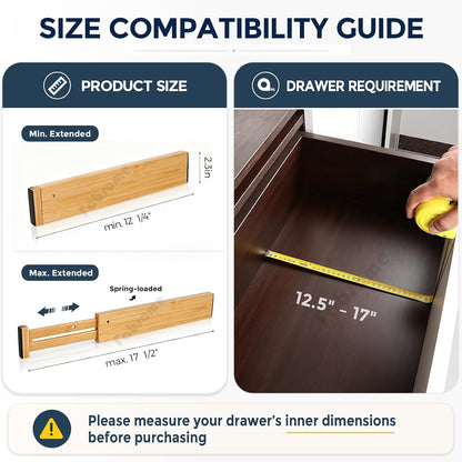 Fabsome Drawer Divider 6 Pack, Bamboo Dresser Organizers for Clothes Socks Underwear Baby Clothing, Wooden Separators for Nursery Organization Adjustable from 12.5'' to 17'' with Soft Foam Ends