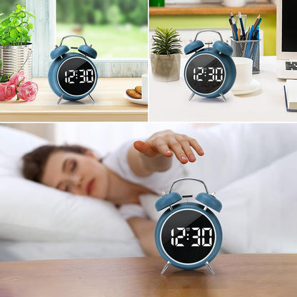 Digital Small Alarm Clock, 4.5 Inch Double Bell Electronic LED Alarm Clock, Plug in or Battery Operated Silent Metal Table Clock, Modern Loud Bedside Clock for Heavy Sleepers Adults Kids (Black)