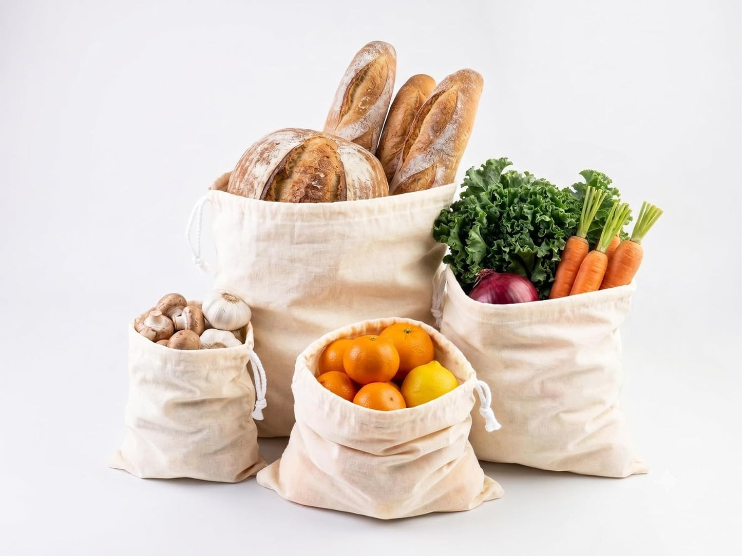 PurpleEssences Reusable Drawstring Bags, Set of 6, Natural | Drawstring Bags for Vegetables, Fruits, Bread, Grains, Washable Cloth Bags for Shopping and Refrigerator Use - Natural