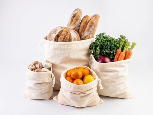 PurpleEssences Reusable Drawstring Bags, Set of 6, Natural | Drawstring Bags for Vegetables, Fruits, Bread, Grains, Washable Cloth Bags for Shopping and Refrigerator Use - Natural