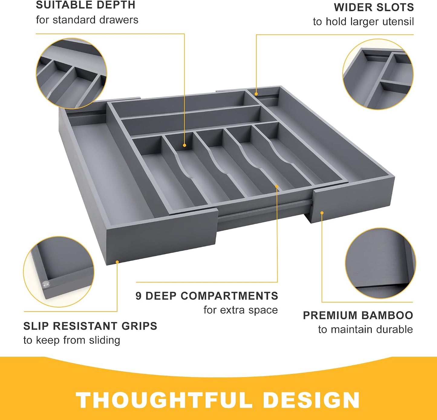 Expandable Bamboo Kitchen Drawer Organizer for Cutlery and Utensils, Adjustable Bamboo Wood Cutlery Tray in Drawer for Flatware and Silverware in Kitchen, (Natural)