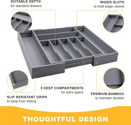 Expandable Bamboo Kitchen Drawer Organizer for Cutlery and Utensils, Adjustable Bamboo Wood Cutlery Tray in Drawer for Flatware and Silverware in Kitchen, (Natural)