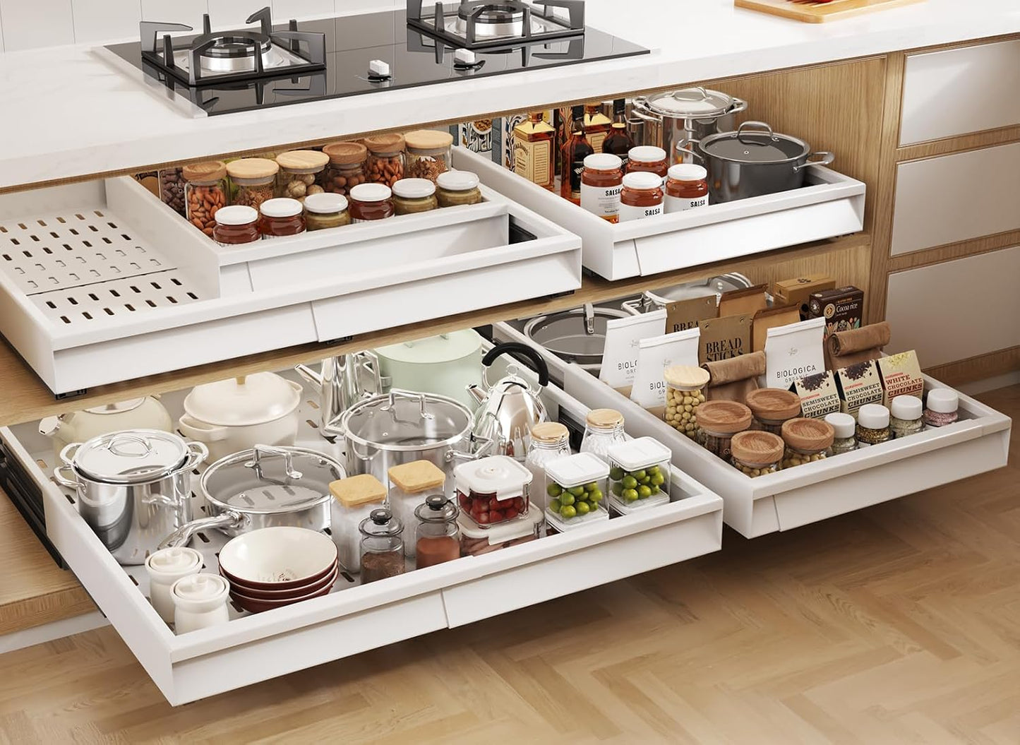 Seinloes Pull Out Cabinet Organizer, 4-Side Expandable to Fit Most Cabinets, 3 Rail Slide Out Drawers with Raising Pad for Framed & Frameless Cabinets, 13"-21" W x 17"-24" D, White, 2 Pack