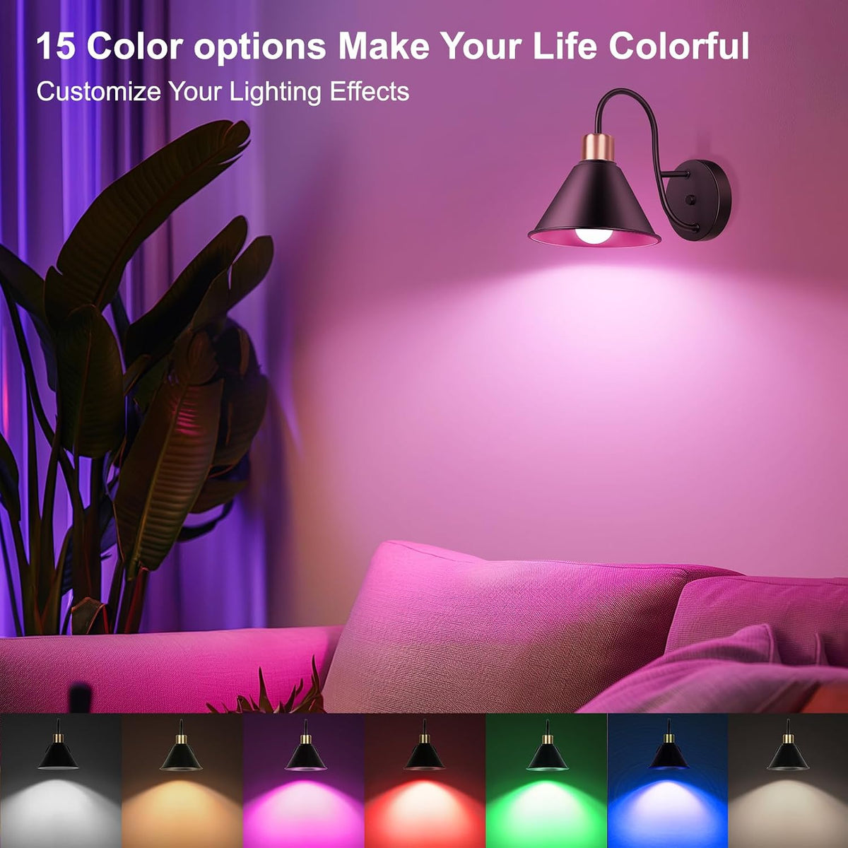 Frideko Rechargeable Wall Sconces Set of Two with Remote, RGB 15 Colors Dimmable Battery Operated Wall Lights for Living Room Bedroom, Indoor Black Wall Lamp with Timer Wireless