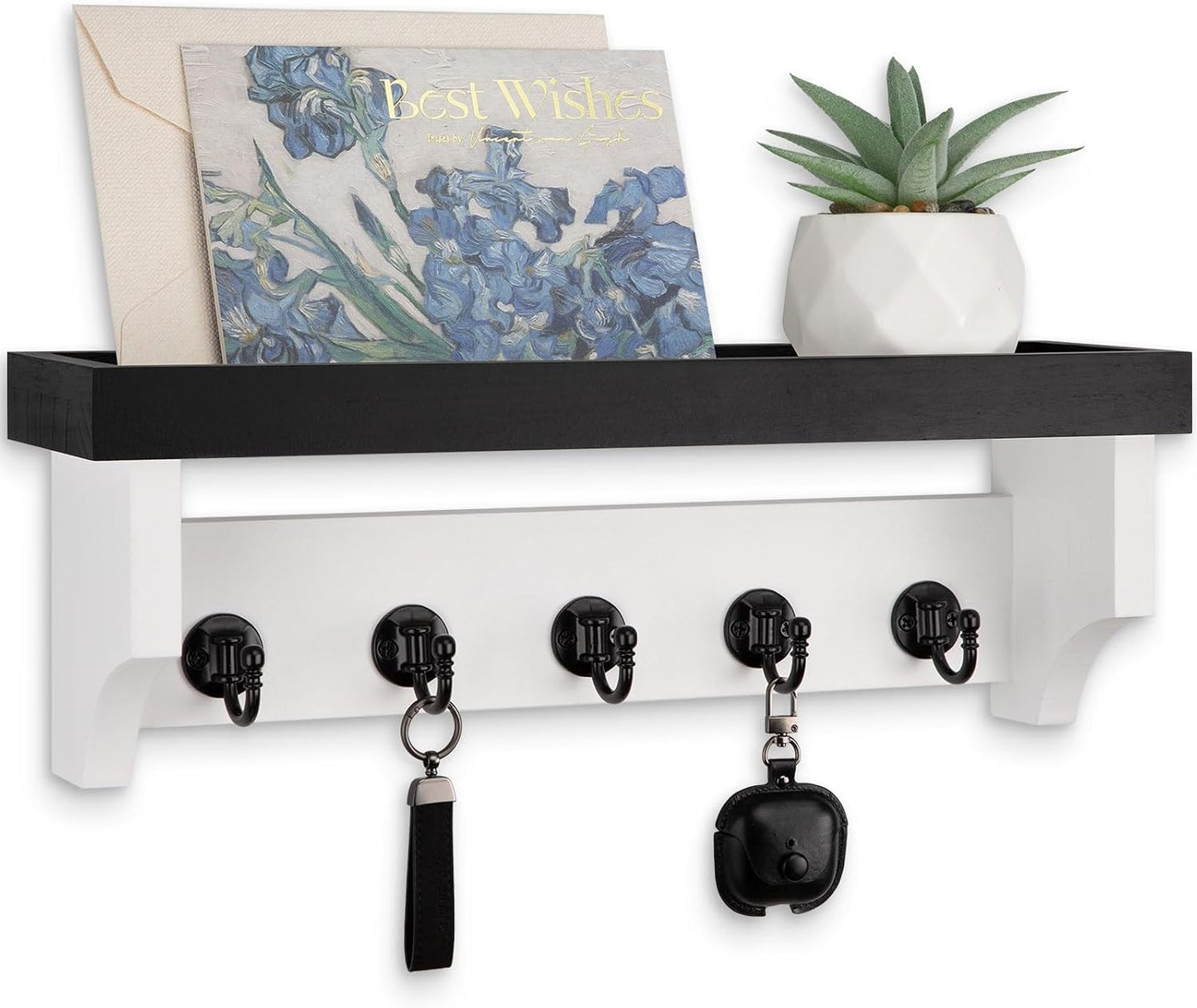 Key and Mail Holder Wall Mount, Mail Organizer with 5 Key Hooks | Key Holder with Shelf, Key Holder for Coat, Dog Leash, Home Decor Rack, Entry Way Organizer