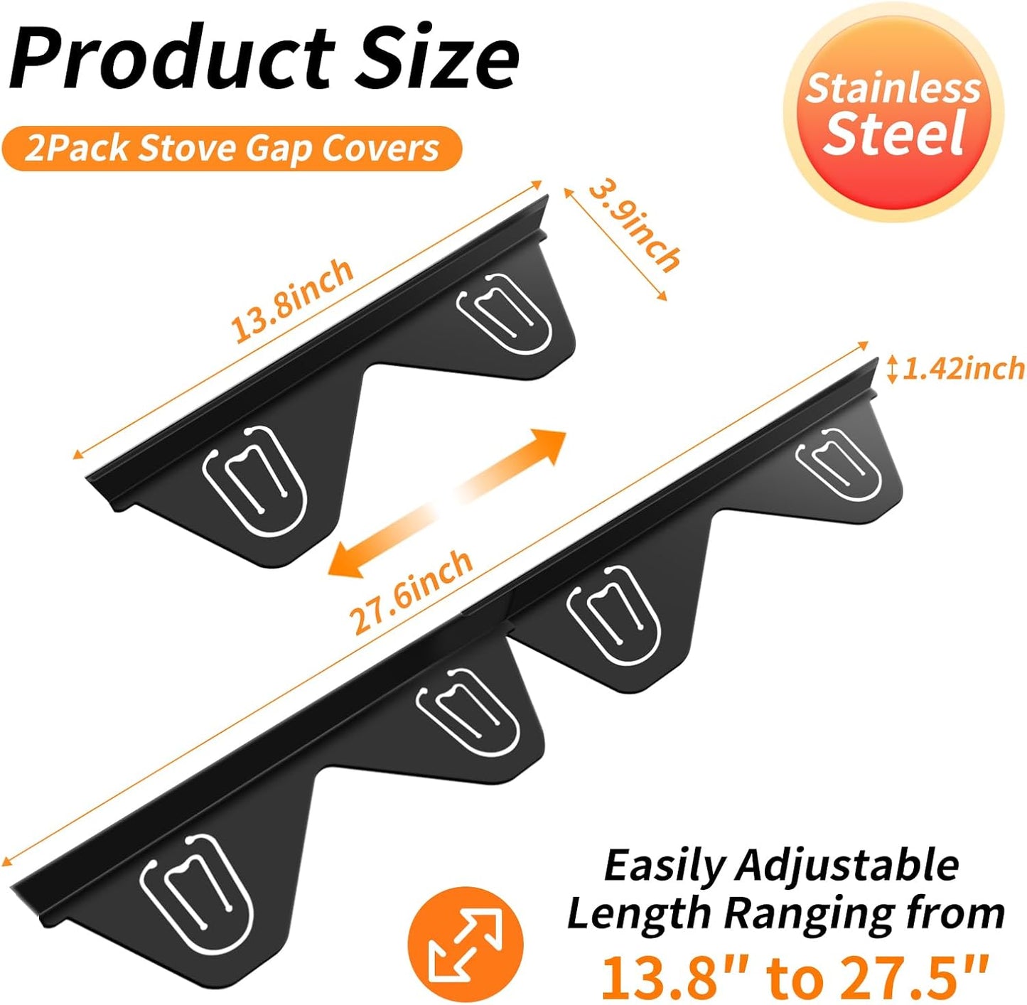 Stainless Steel Stove Gap Covers (2 Pack), Stove Gap Filler, Stove Counter Gap Guards for Kitchen, Range Trim Kit, Easy Clean with Heat Resistant, Adjustable Length 13.8” to 27.6”, Width 0.79"