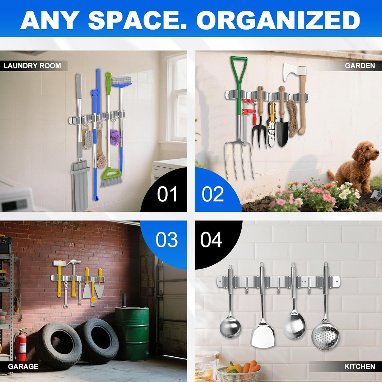 Broom Holder Wall Mount Mop Organizer, 5 Racks 4 Hooks | Premium Stainless Steel Mop Holder Storage Tool Utility Racks Solid for Home Kitchen Garden Laundry Garage