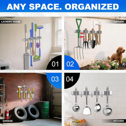 Broom Holder Wall Mount Mop Organizer, 5 Racks 4 Hooks | Premium Stainless Steel Mop Holder Storage Tool Utility Racks Solid for Home Kitchen Garden Laundry Garage