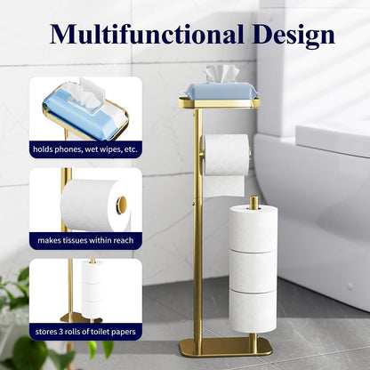 Kitsure Metal Toilet Paper Holder Free Standing, Medium, Black | Rustproof Toilet Paper Stand for 4 Rolls, Bathroom Organizers and Storage with Anti-Slip Base and Plastic Shelf