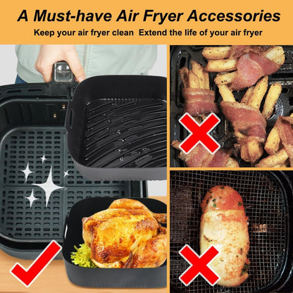 BYKITCHEN 9 Inch Square Silicone Air Fryer Liners for 6 to 8QT, Set of 2, Reusable Silicone Airfryer Tray Insert, Air Fryer Accessories for Corsori 6QT, Ninja Airfryer Pro XL 6.5QT, Gourmia & More