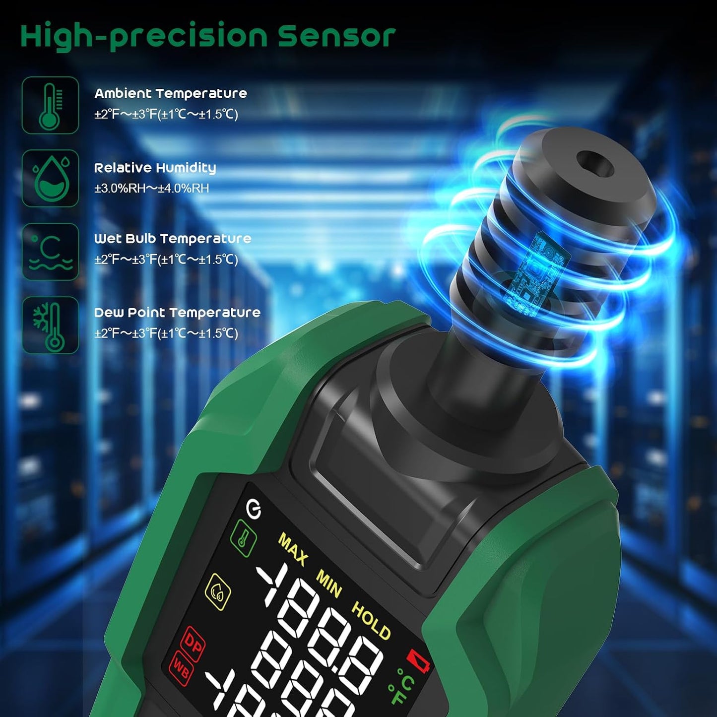 SQECH Temperature Humidity Meter Digital Hygrometer Psychrometer HVAC | Hydrometer Monitor with Ambient Thermometer, Dew Point, Wet Bulb, Flashlight, Max/Min, Data Hold, Color Backlight