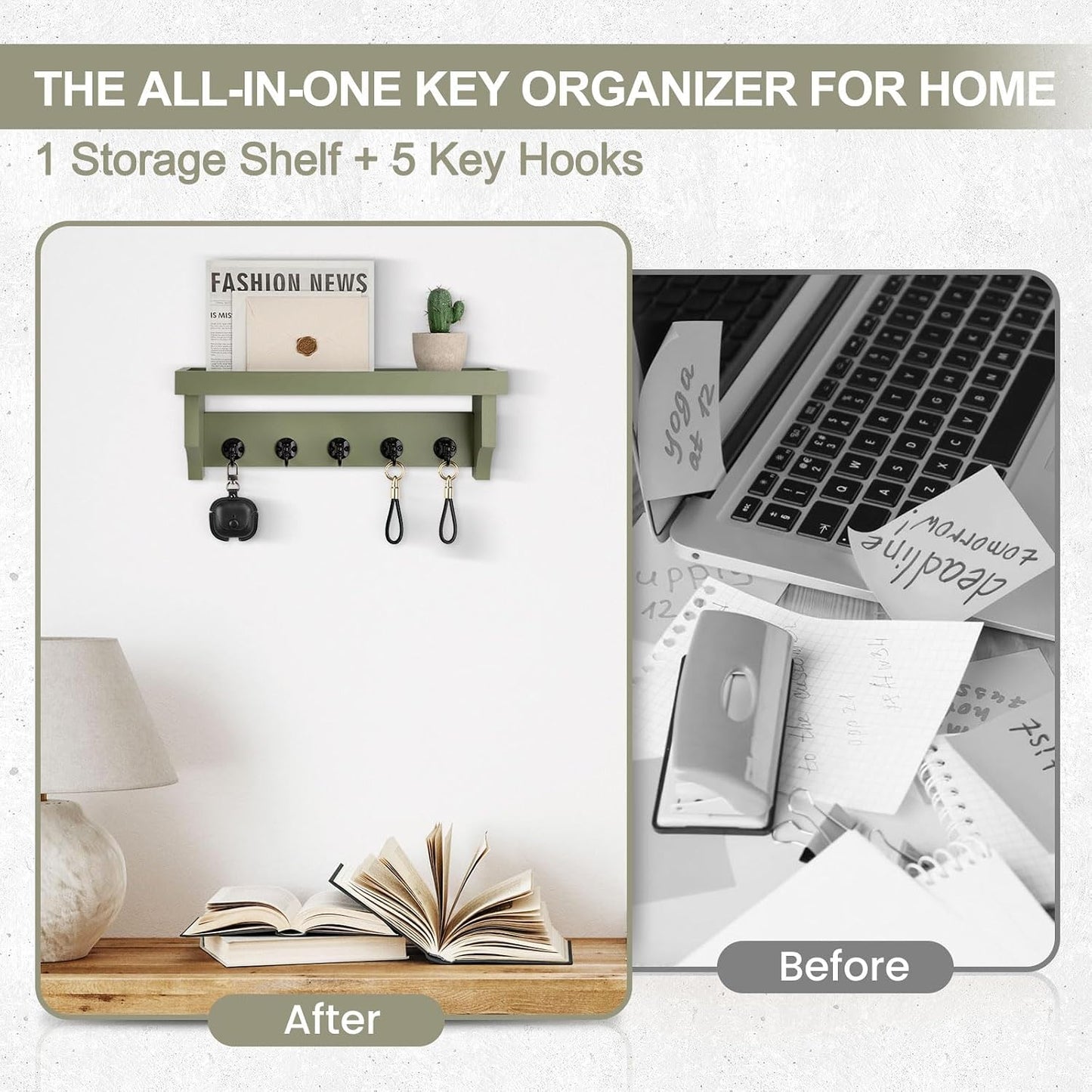 Key and Mail Holder Wall Mount, Mail Organizer with 5 Key Hooks | Key Holder with Shelf, Key Holder for Coat, Dog Leash, Home Decor Rack, Entry Way Organizer