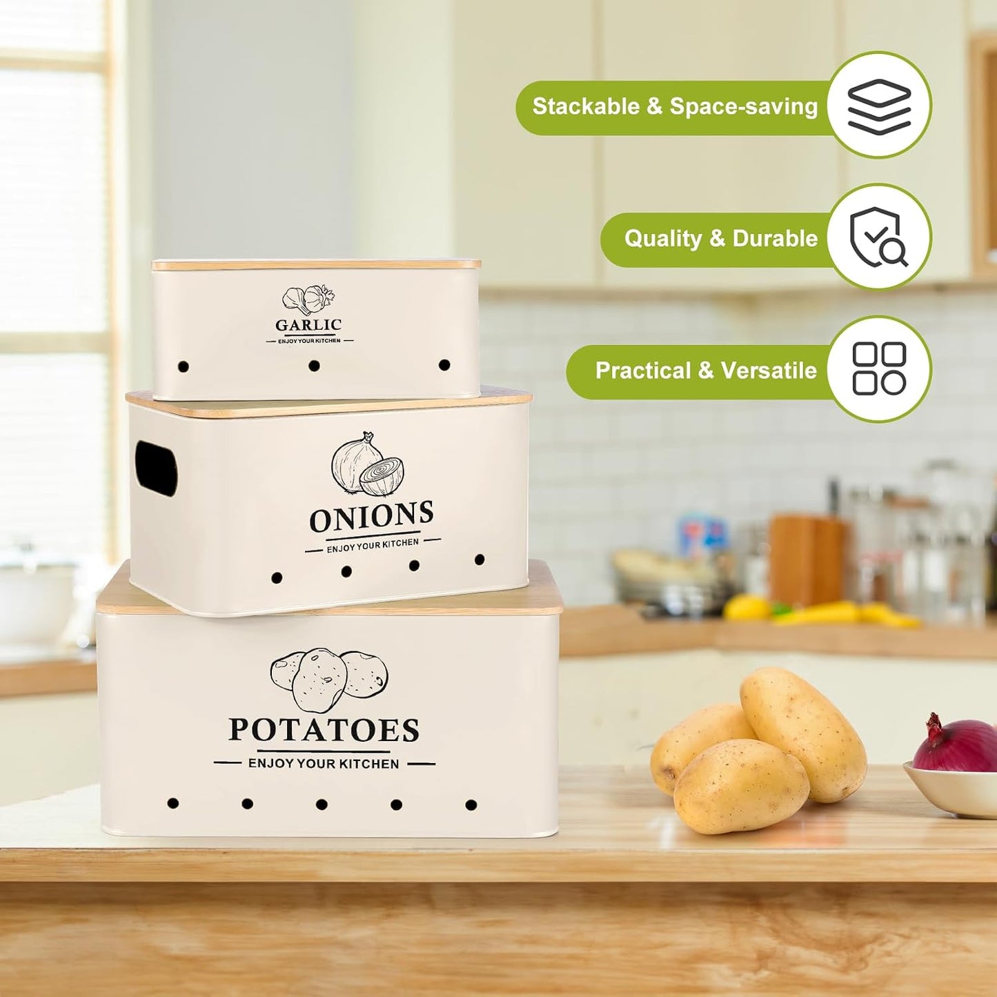 Kitchen Vegetable Storage Set of 3, Metal Onion Garlic Potato Storage Set, Kitchen Canisters Vegetable Keeper Containers with Aerating Holes and Bamboo Lid,Black
