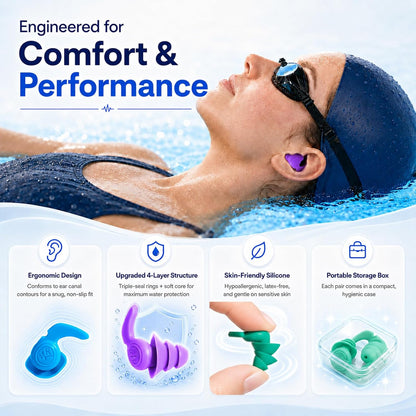 Swimming Ear Plugs, 5 Pairs Reusable Waterproof Ear Plugs for Swimming Adults & Teens, Soft Silicone Swim Earplugs with Individual Cases, Noise Reducing for Shower, Sleeping, Surfing, Travel
