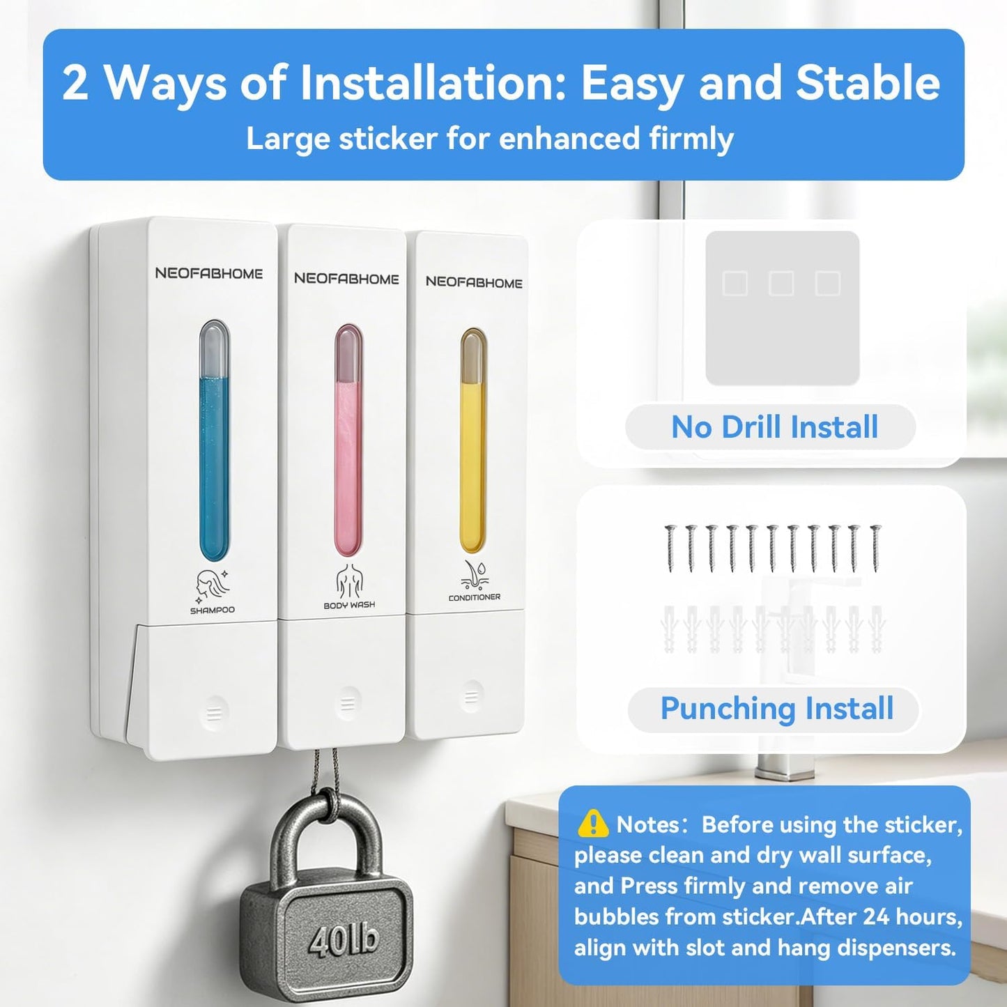 Shower Soap Dispenser Bathroom Accessories Set Wall Mounted No Drill | 3 Chamber Body Wash Shampoo and Conditioner Dispenser 1200ml Shampoo Bottles Holder Refillable with Pump for Hotel RV Laundry