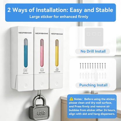 Shower Soap Dispenser Bathroom Accessories Set Wall Mounted No Drill | 3 Chamber Body Wash Shampoo and Conditioner Dispenser 1200ml Shampoo Bottles Holder Refillable with Pump for Hotel RV Laundry