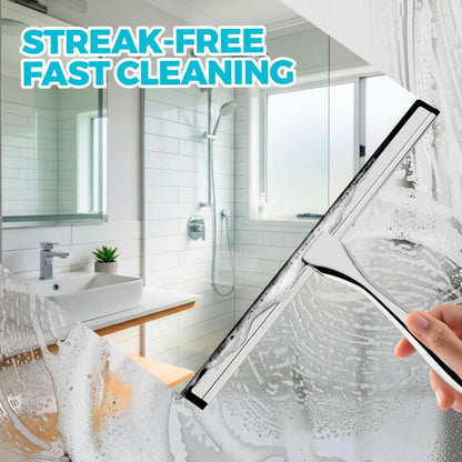 2pcs Shower Squeegee for Glass Doors with Adhesive Hanging Hook Set | 10” Silver, Bathroom Accessories, Window Cleaner, New Home Essentials, Soft Rubber Blade, Metal Handle, Ergonomic Grip