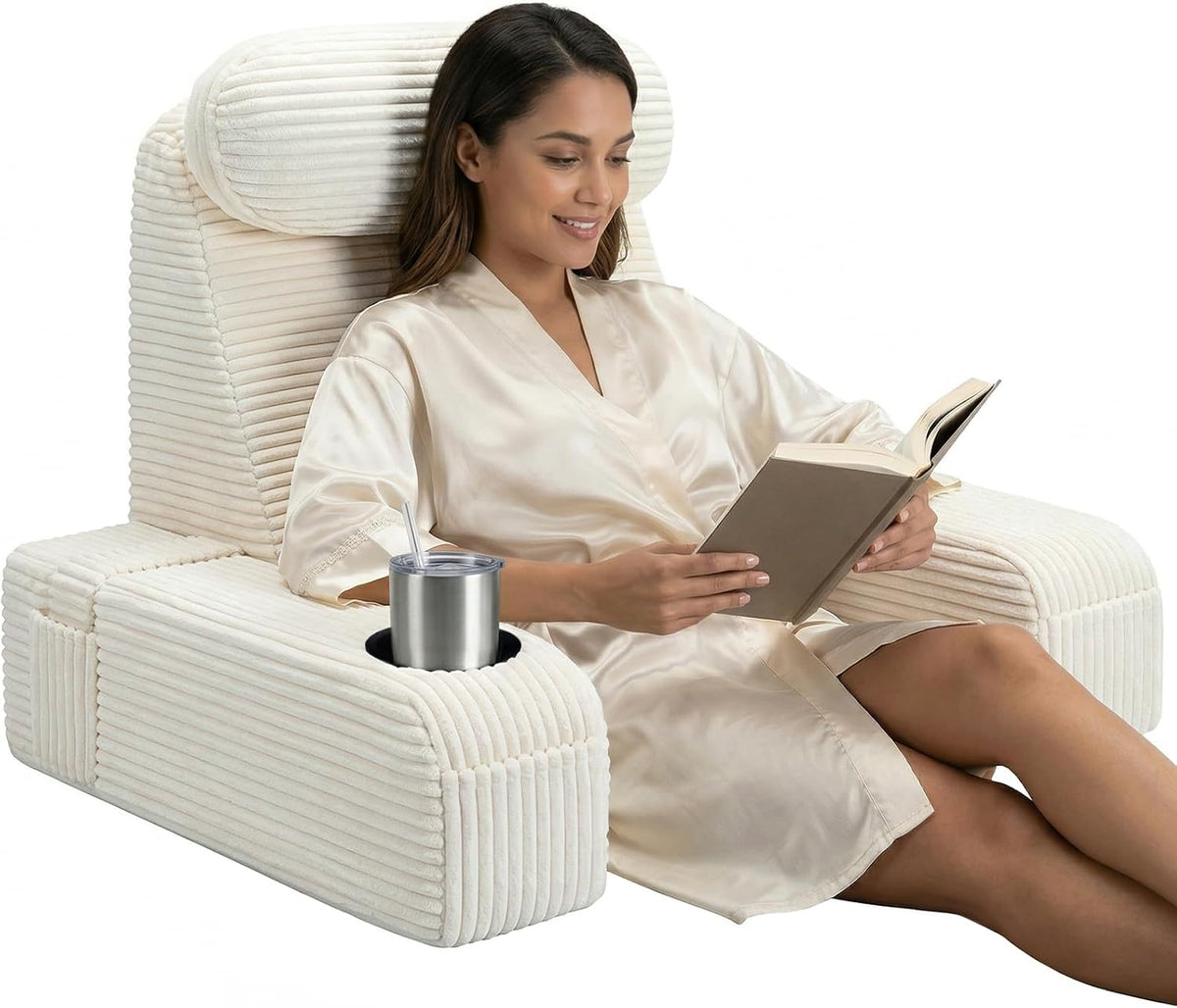 Reading Pillow/Backrest Pillow with Arms, Cup Holder & Phone Pocket
