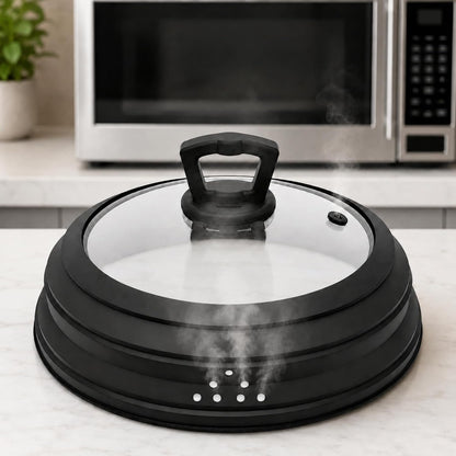 Collapsible Microwave Splatter Cover, Vented Glass Silicone Lid with Heat resistant Handle, Fit Plates Bowls Pots, Safe for Microwave Convection Oven Steamer Dishwasher（grey 11.8in）