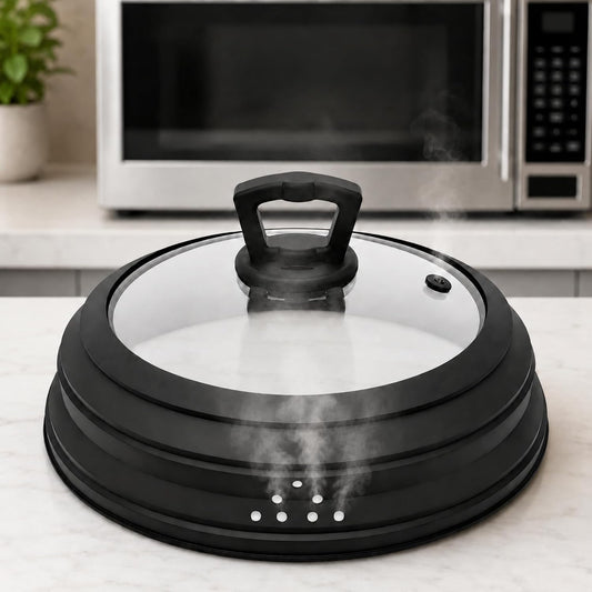 Collapsible Microwave Splatter Cover, Vented Glass Silicone Lid with Heat resistant Handle, Fit Plates Bowls Pots, Safe for Microwave Convection Oven Steamer Dishwasher（grey 11.8in）