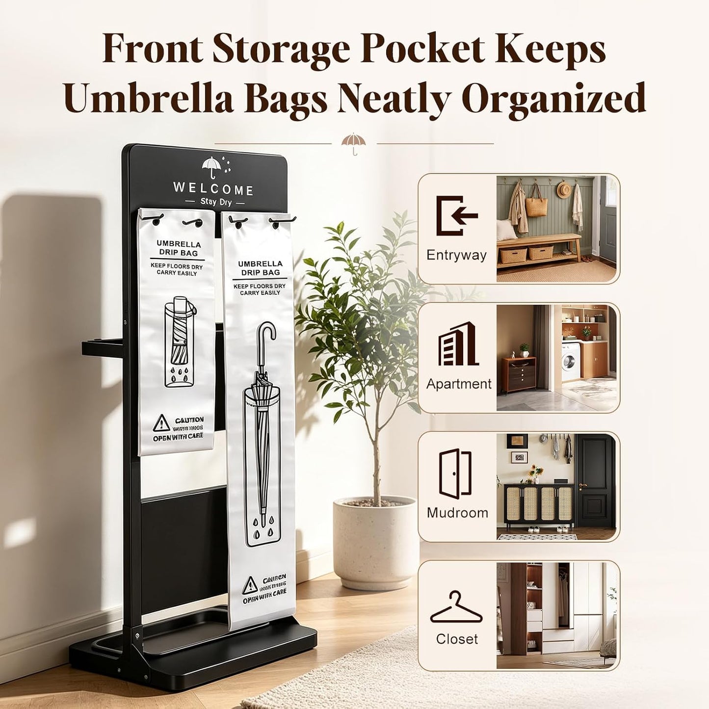 Wet Umbrella Stand with Bag Holder, Entryway Organizer with Drip Tray