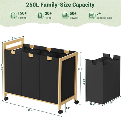 250L Laundry Sorter with Wheels, 3-Section Laundry Hamper, Black | 66 Gal Large Laundry Cart with Removable Bags, Rolling Laundry Basket, Water-Resistant, Bamboo Frame, Laundry Room Organizer