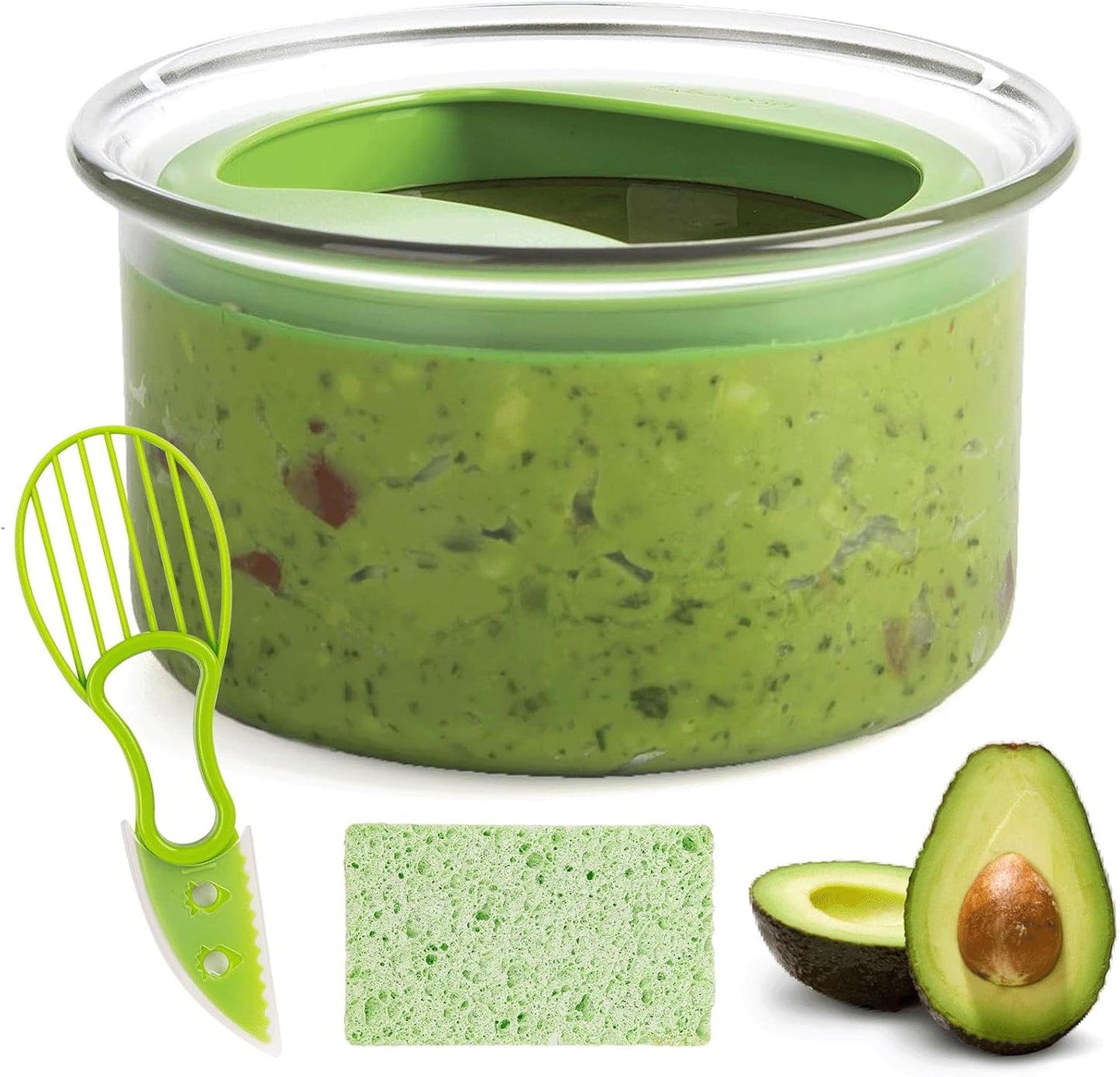 WodGod Guacamole Keeper(1 Pcs), Guacamole Bowls, Avocado Keeper Fresh Guacamole Plastic Kitchen Storage Container with Air Tight Lid, 3-in-1 Avocado Slicer and Cleaning sponge
