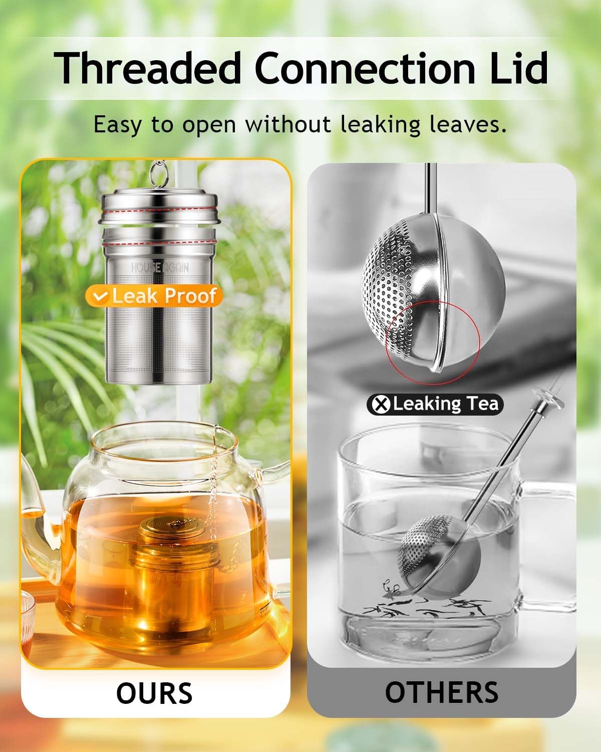 House Again Tea Infusers, Extra Fine Mesh Tea Strainers for Loose Tea, Updated Slim Threaded Lid & 304 Stainless Steel, Filter Bags Diffusers, Loose Leaf Tea Steeper for Brew Tea Spices & Seasonings