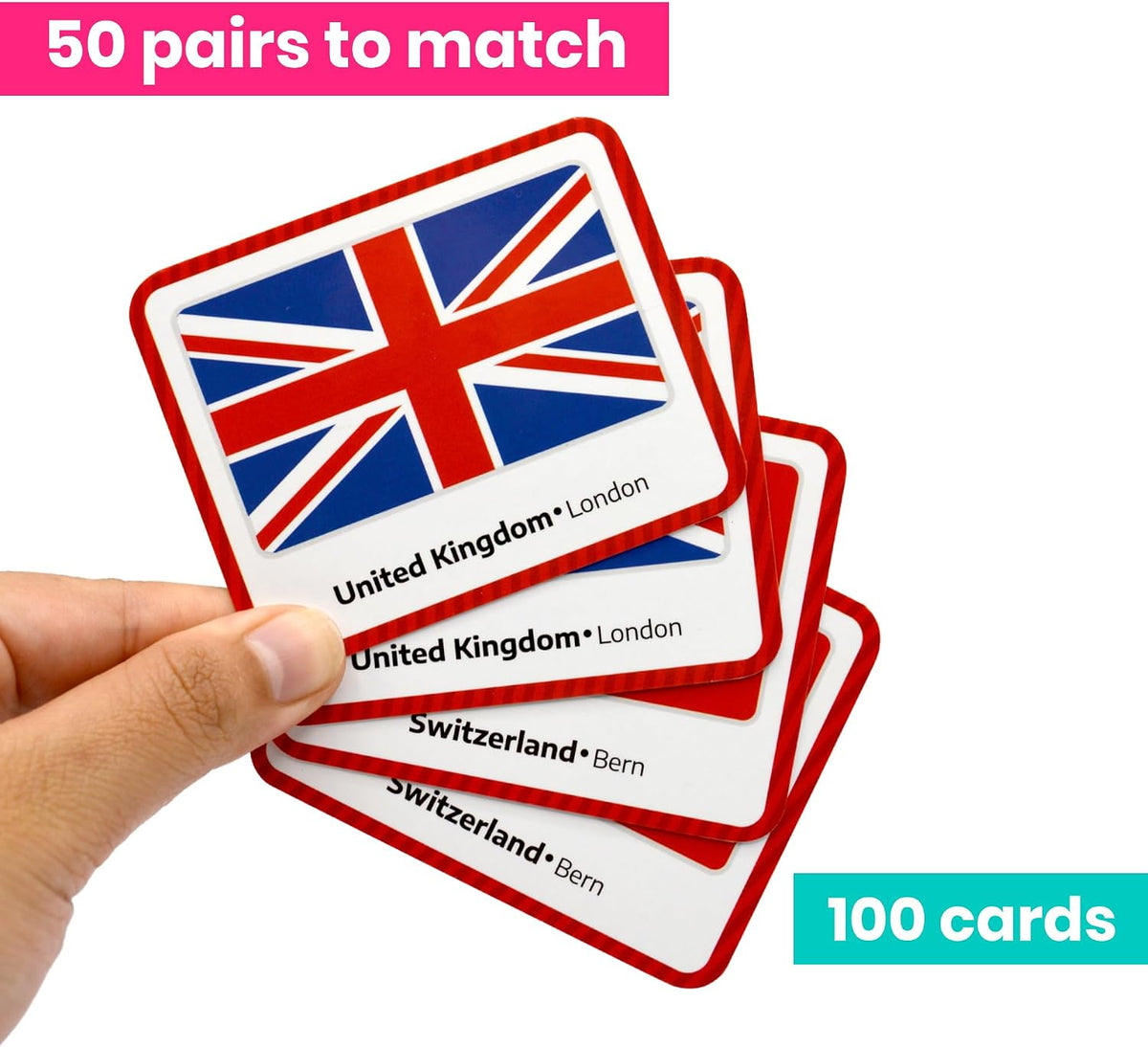 Menique Flags of the World Memory Matching Game – 100 Cards, 50 Countries & Capitals – World Flags Flash Cards for Kids & Adults – Color-Coded by Continent