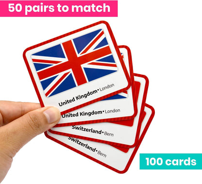 Menique Explore the World Memory Matching Game – Geography Game with 100 Photo Cards, 50 Countries, Flags & Landmarks – Travel Card Game with Educational Booklet, Ages 3+
