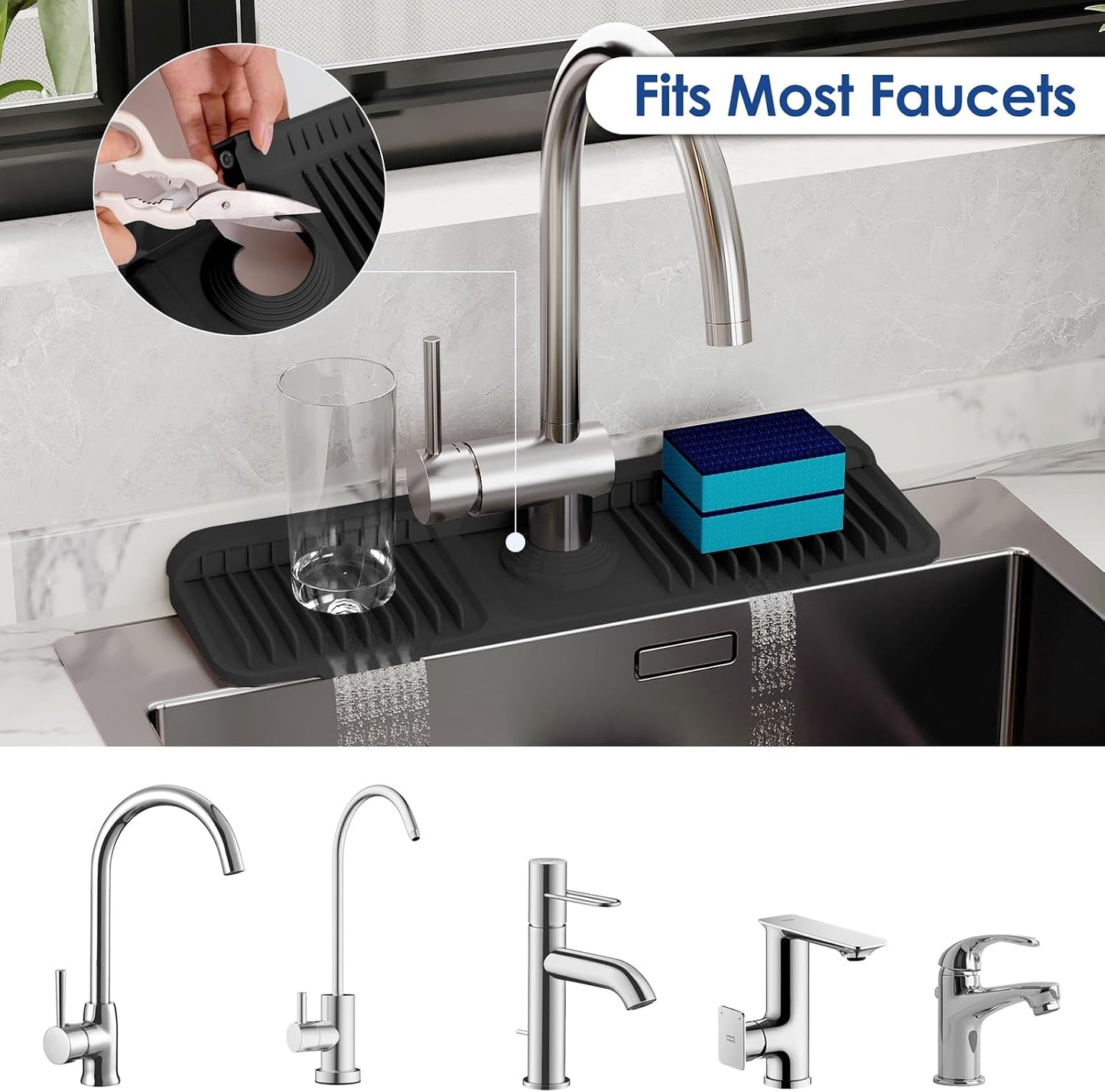 24-Inch Silicone Faucet Mat for Kitchen Sink Splash Guard, 7° Slope | 24"x5.5" water draining mat with fasten button; 1.6-2.75" customizable hole for bathroom, RV & kitchen sink drip catcher.