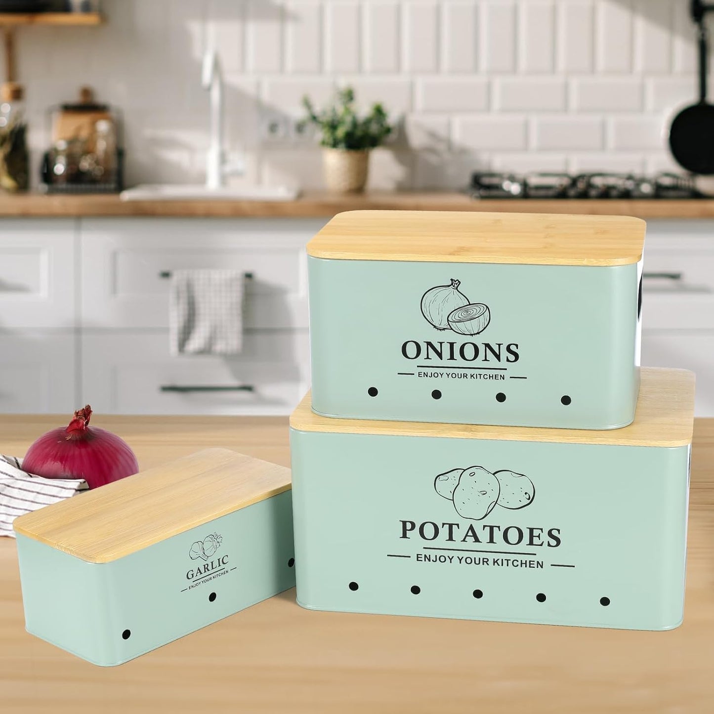 Kitchen Vegetable Storage Set of 3, Metal Onion Garlic Potato Storage Set, Kitchen Canisters Vegetable Keeper Containers with Aerating Holes and Bamboo Lid,Black