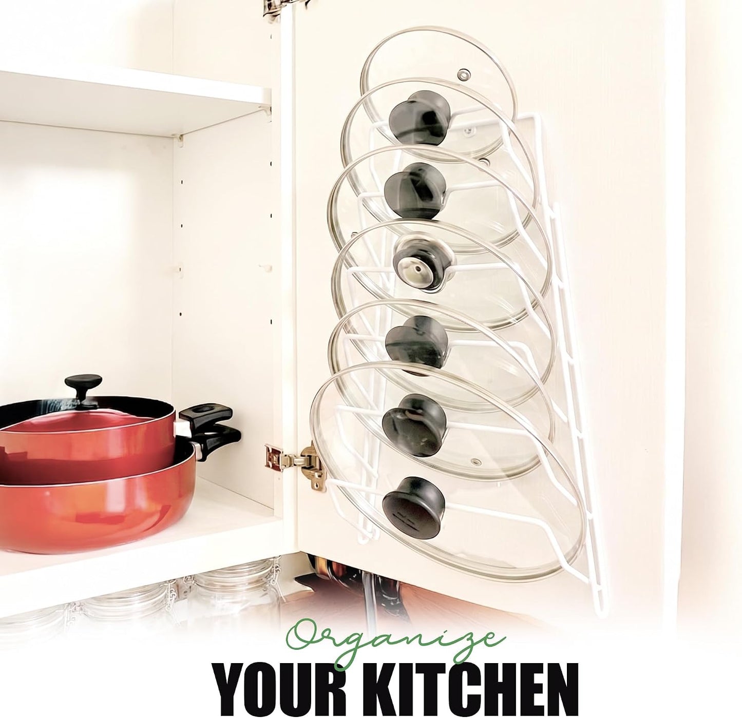 Evelots 6 Pot Lid Organizer for Cabinet Door or Pantry Wall - Closet Door Pots and Pans Lids Holder - Glass or Metal Pan Covers Cabinet Organizer Kitchen Storage - White 6 Tier Lid Rack