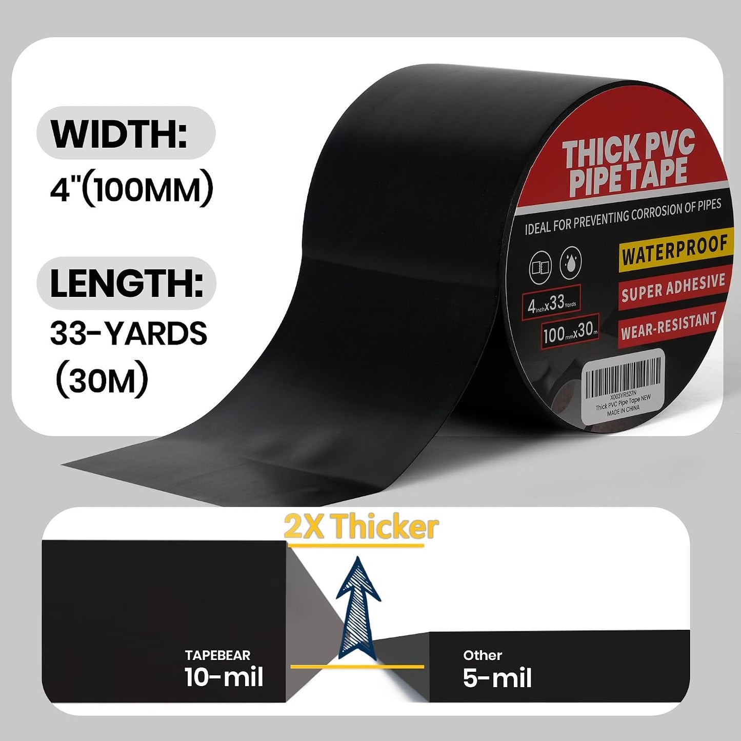 TAPEBEAR Corrosion Protection Pipe Tape 10mil PVC Pipe Wrap Tape 4" Wide | 33Yard/Roll Waterproof PVC Black Tape Hose Leak Proof Thicker for Drain Pipe, Metal Electrical Outdoor Underground Pipe