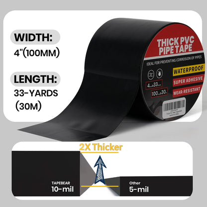 TAPEBEAR Corrosion Protection Pipe Tape 10mil PVC Pipe Wrap Tape 4" Wide | 33Yard/Roll Waterproof PVC Black Tape Hose Leak Proof Thicker for Drain Pipe, Metal Electrical Outdoor Underground Pipe