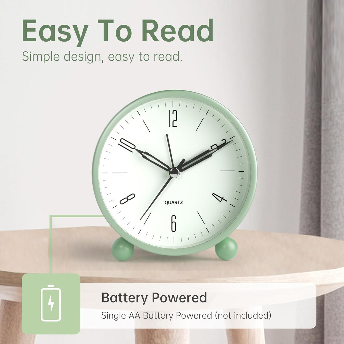 JALL Analog Alarm Clock, 4 inch Super Silent Non Ticking Small Clock with Night Light, Battery Operated, Simple Design, Old Fashioned Style Ideal Decor, for Bedroom, Bedside, Desk, Adult, Gift, Green