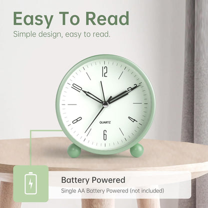 JALL Analog Alarm Clock, 4 inch Super Silent Non Ticking Small Clock with Night Light, Battery Operated, Simple Design, Old Fashioned Style Ideal Decor, for Bedroom, Bedside, Desk, Adult, Gift, Green