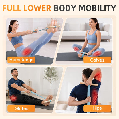 Adjustable Hamstring and Calf Stretching Tool with Beechwood Bar | Includes non-slip yoga socks and a stretch strap for yoga, Pilates, home and office mobility routines.