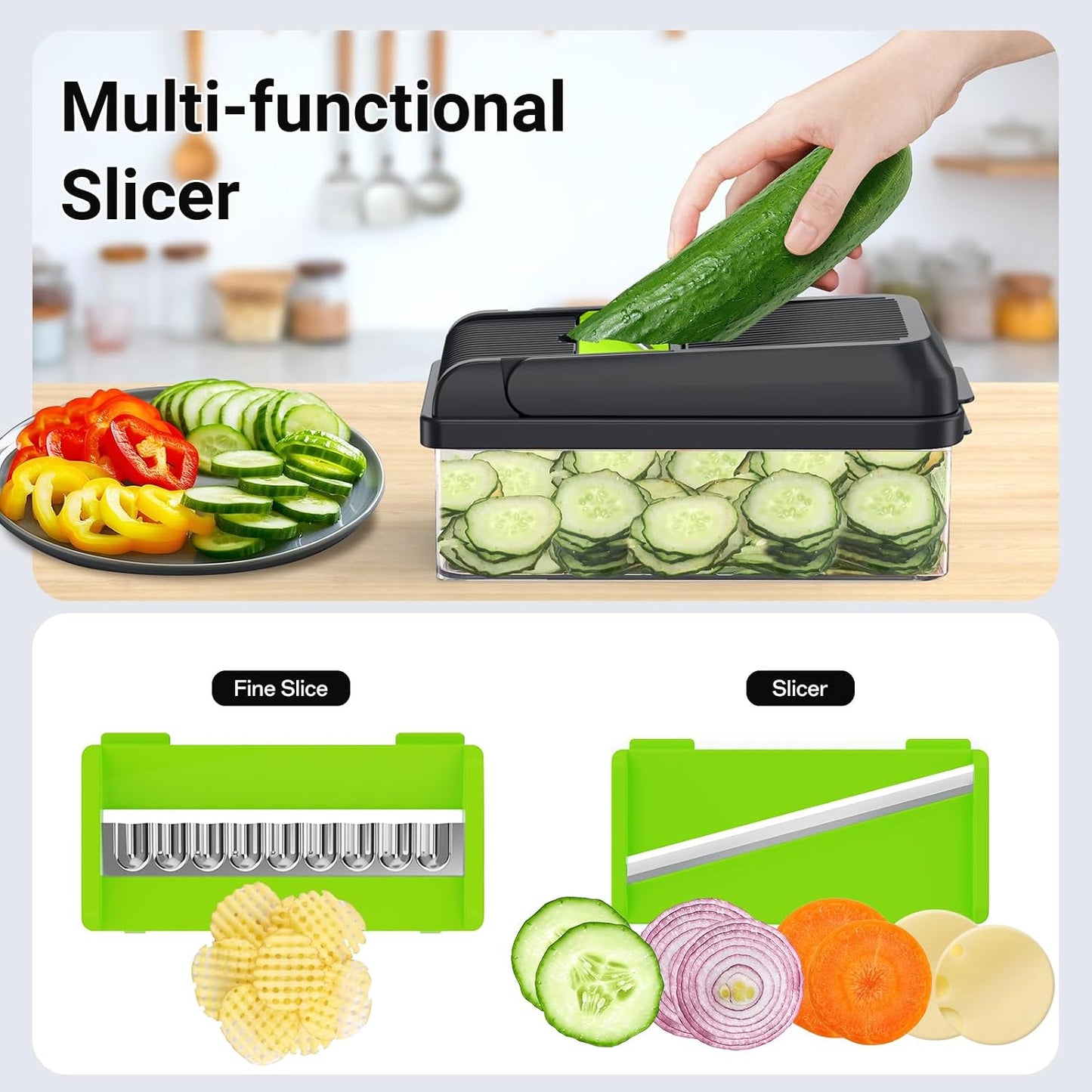 12-in-1 Vegetable Chopper with 7 Blades, Food Veggie Cutter, Green | Includes Egg Separator, Food Container and Finger Guard, Non-slip Base, for Chopping, Slicing, Shredding, and Mincing