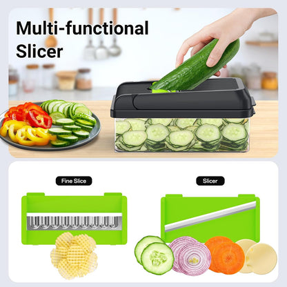 12-in-1 Vegetable Chopper with 7 Blades, Food Veggie Cutter, Green | Includes Egg Separator, Food Container and Finger Guard, Non-slip Base, for Chopping, Slicing, Shredding, and Mincing