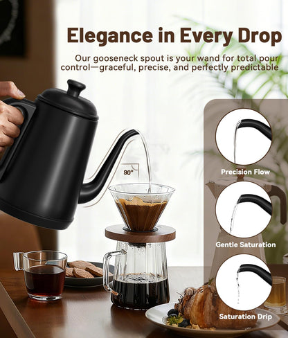 1L Gooseneck Electric Kettle for Pour Over Coffee & Tea | 1000W Fast Heating, Food-Grade Stainless Steel, Auto Shut-Off & Boil-Dry Protection, BPA-Free, Black