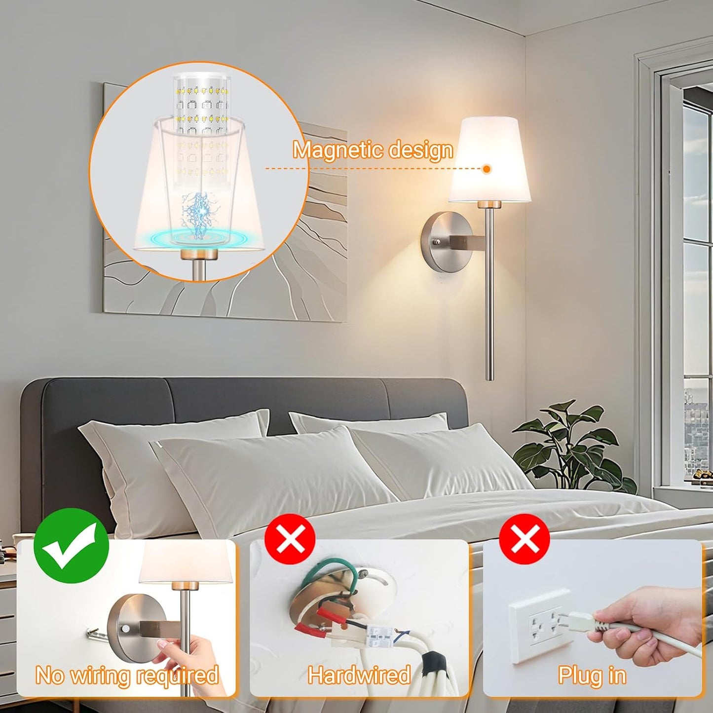 Battery Operated Wall Sconces Set Of Two, Wireless Battery Wall Light With 10000mAh RGB Rechargeable Magnetic Bulb, Rechargeable Wall Sconce With Remote Control For Bedroom, No Electrician Required