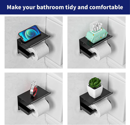 GLNLQ Matte Black Toilet Paper Holder with Shelf, Fits Mega Rolls Size | Adhesive or Screw-in, Waterproof and Rustproof Stainless Steel, Wall Mount Design, Modern Stylish Design, for Bathroom, RV