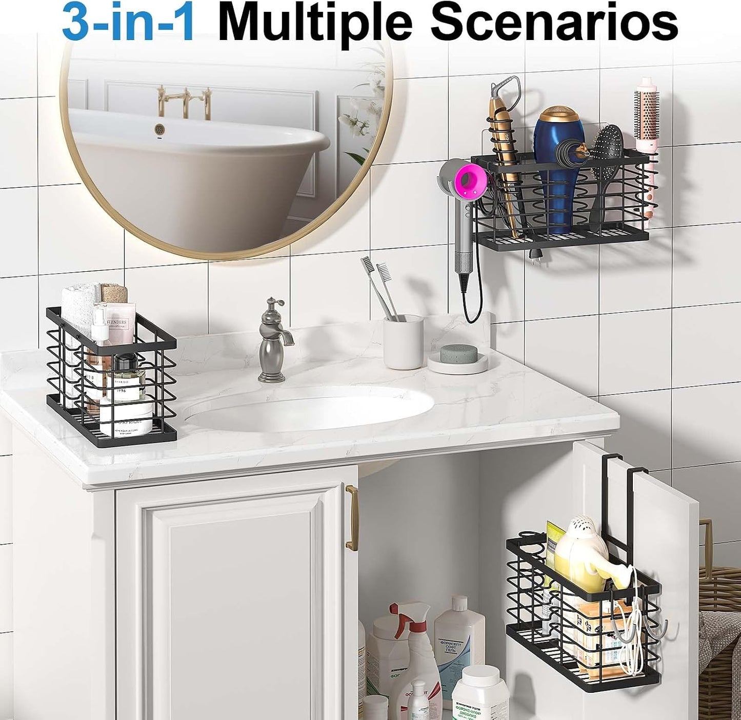 2026 Upgraded 3-in-1 Universal Hair Tool Organizer, XL Size, Black | Adjustable Height Metal Hair Dryer Holder, Wall Mounted, Over Cabinet Door, Countertop, Bathroom Storage
