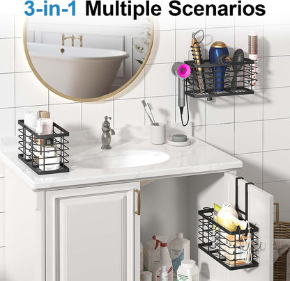 2026 Upgraded 3-in-1 Universal Hair Tool Organizer, XL Size, Black | Adjustable Height Metal Hair Dryer Holder, Wall Mounted, Over Cabinet Door, Countertop, Bathroom Storage