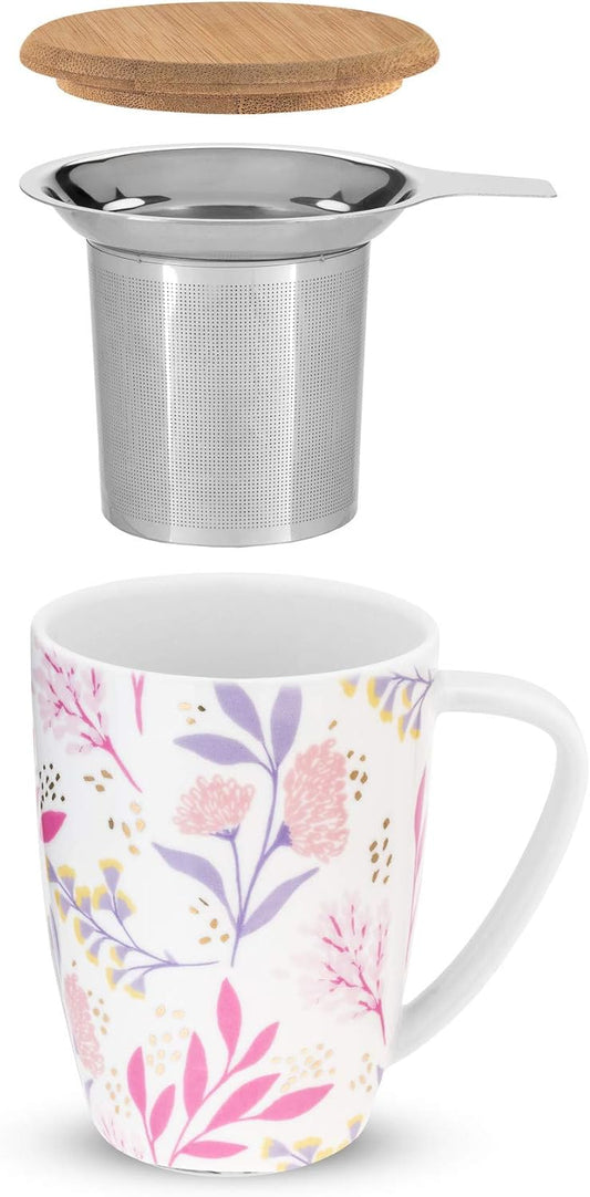 Pinky Up Annette Ceramic Tea Cup with Infuser and Lid, Travel Mug for Loose Leaf Teas, Home Office, Camping, Picnic Party, 12 oz, Set of 1, Honeycomb