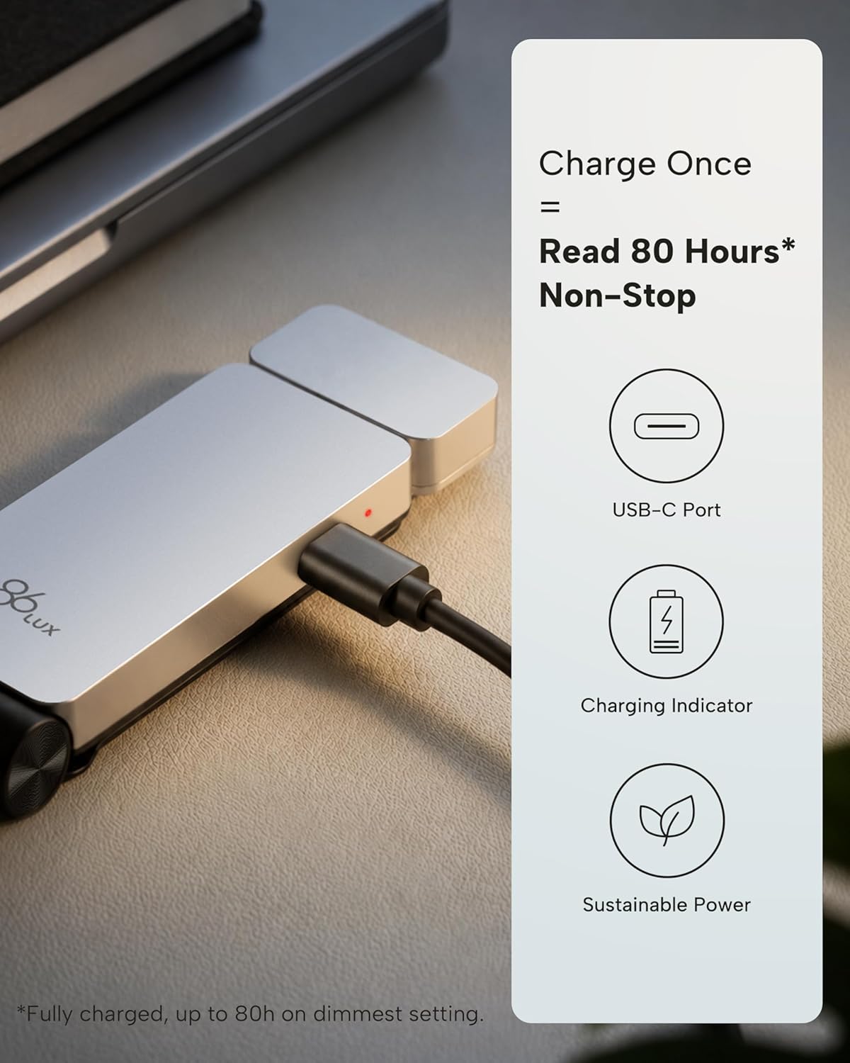 86lux Book Light, Rechargeable Clip-On LED Reading Light for Bed | 3 Color Temperatures with Stepless Dimming, Ultralight Bookmark Design for Book Lovers, Grey